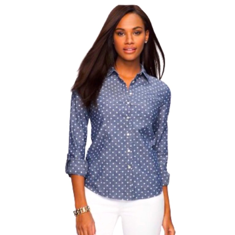 Talbots Chambray Blue & White Polka Dot Button Down Shirt Womens Size 2P